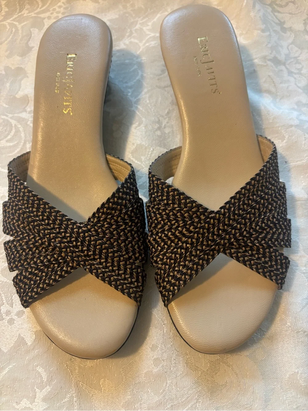 Eric Javits Black and Tan Woven Wedge Sandals, Size 65N
